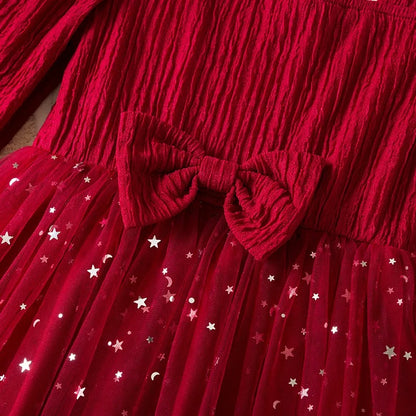 Glitzerndes Mädchenkleid mit Tüllrock – Langarmkleid mit Sternenmuster / Weihnachten & festliche Anlässe