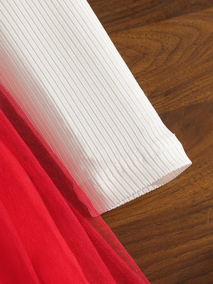 Festliches Kinderkleid mit 3D-Blumen & rotem Tüllrock