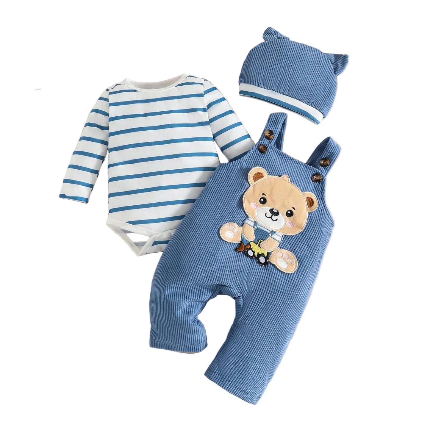 Baby Outfit 2-teilig – Streifen Body & Latzhose mit Tiermotiv inkl. Mütze