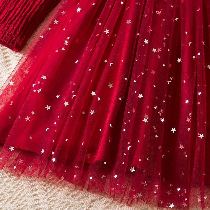 Glitzerndes Mädchenkleid mit Tüllrock – Langarmkleid mit Sternenmuster / Weihnachten & festliche Anlässe