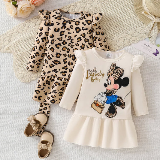 Mädchen Kleid Set (2-teilig) – Langarmkleider im Leo-Design & Creme
