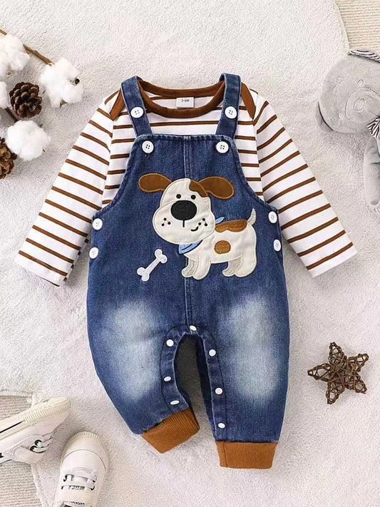 Baby Outfit 2-teilig – Body mit Streifen & Latzhose mit Hund (Größe 62–92)