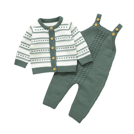 Baby Strickset 2-teilig – Cardigan & Latzhose in Salbeigrün