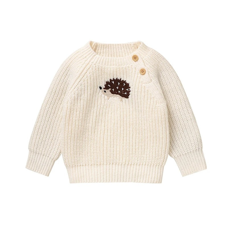 Baby Strickpullover mit Igel Motiv – Unisex Baumwollpullover mit Knöpfen