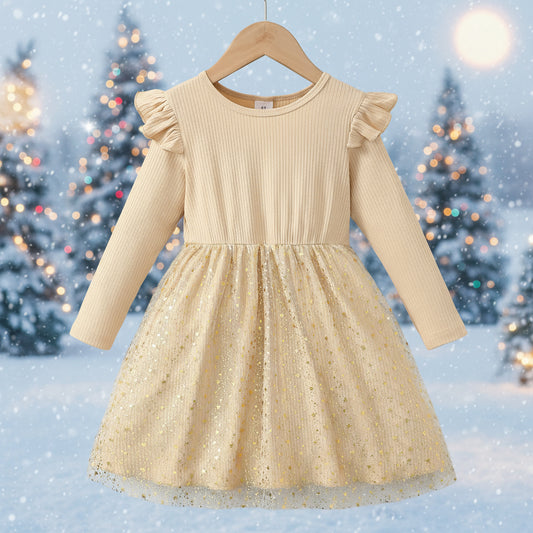 Beiges Festtags-Glitzerkleid mit Tüllrock & goldenen Sternen