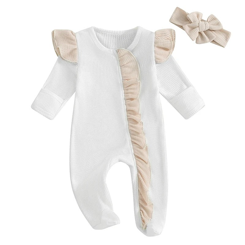 Baby Mädchen Strampler mit Rüschen & Haarband – Waffelstruktur