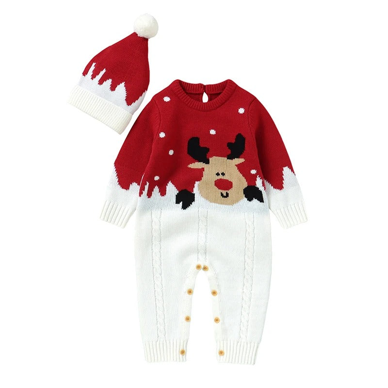 Baby-Strickoverall mit Rentiermotiv & Bommelmütze – Weihnachtlicher Strampler