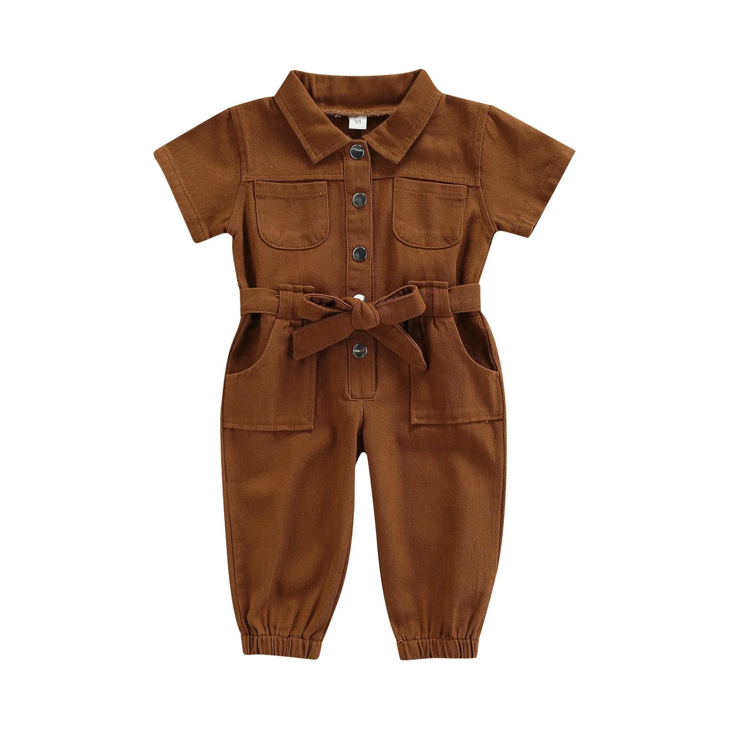 Kinder Jumpsuit mit Gürtel aus Baumwolle – Kurzarm Overall mit Knöpfen & Taschen