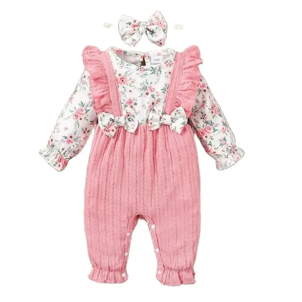 Baby Mädchen Strampler Set mit Blumenprint & Zopfmuster
