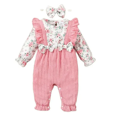 Baby Mädchen Strampler Set mit Blumenprint & Zopfmuster