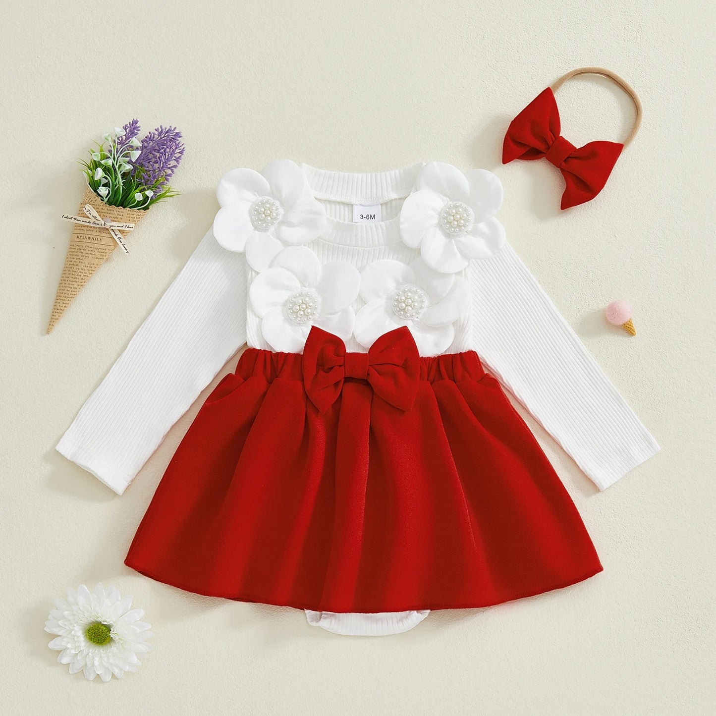 Baby Mädchen Kleid-Set mit Blüten & Schleife – 4 Designs