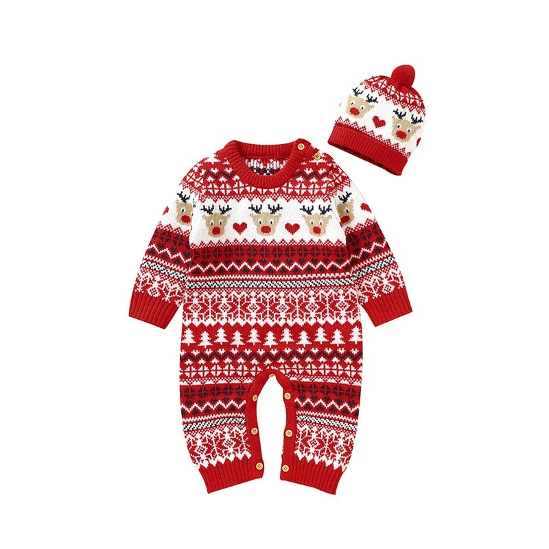 Weihnachts-Strick-Overall mit Rentiermotiv & Mütze – Kuscheliger Baby-Look