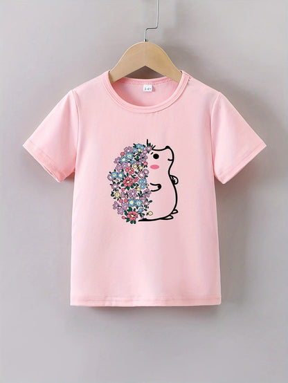 Mädchen T-Shirt mit Blumen Igel Print – Kurzarm Shirt