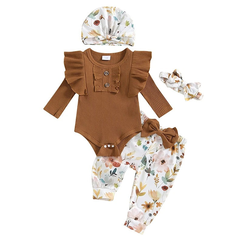 Baby Mädchen Set mit Blumenhose – 3-teiliges Outfit mit Body, Hose & Mütze