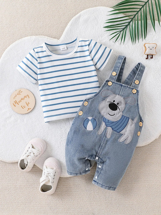 Baby Outfit 2-teilig – Streifen Shirt & Latzshorts mit Hund