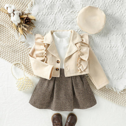 Elegantes 3-teiliges Set mit Rüschenjacke & Hahnentrittrock