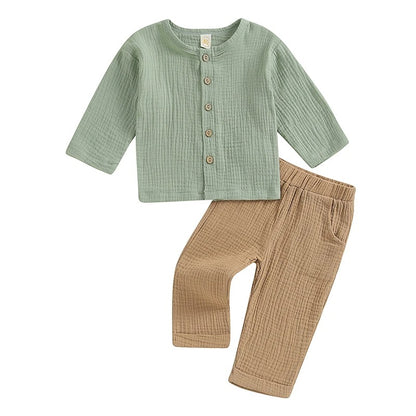 Musselin Jungen Set 2-teilig – Baumwolle Outfit mit Knopfleiste & Hose (Gr. 74–116)