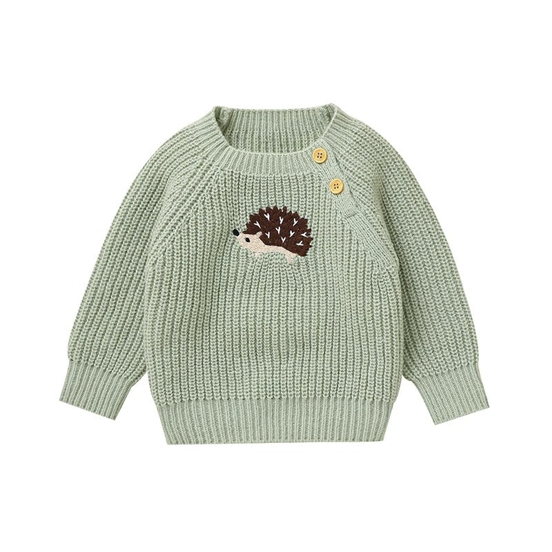 Baby Strickpullover mit Igel Motiv – Unisex Baumwollpullover mit Knöpfen