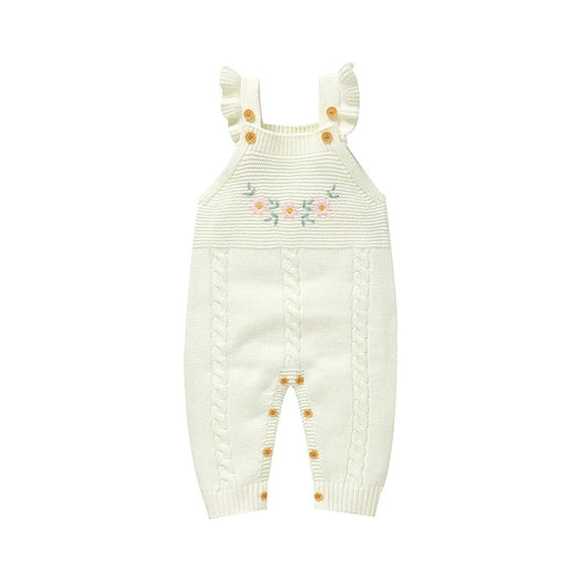 Baby Strickoverall mit Rüschen & Blumenstickerei – Gestrickter Baby Einteiler