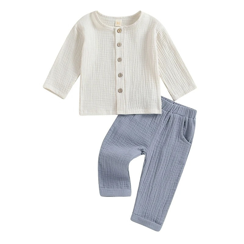 Musselin Jungen Set 2-teilig – Baumwolle Outfit mit Knopfleiste & Hose (Gr. 74–116)