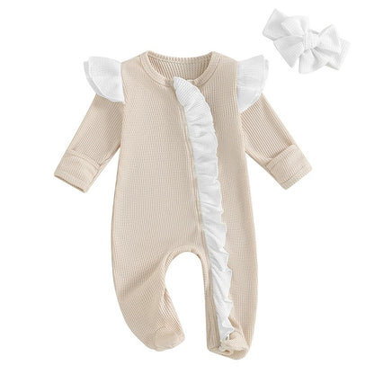 Baby Mädchen Strampler mit Rüschen & Haarband – Waffelstruktur