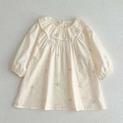 Vintage Mädchenkleid mit Rüschenkragen & feiner Blumenstickerei – Baumwollkleid für Kinder