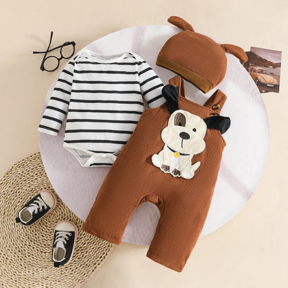 Baby Outfit 2-teilig – Streifen Body & Latzhose mit Tiermotiv inkl. Mütze