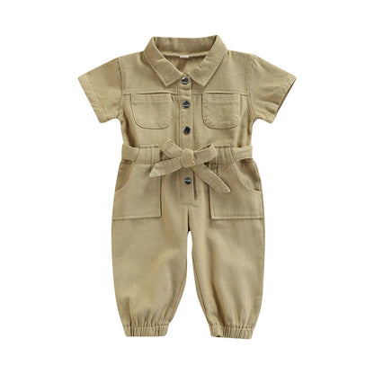 Kinder Jumpsuit mit Gürtel aus Baumwolle – Kurzarm Overall mit Knöpfen & Taschen