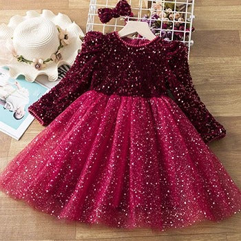 Paillettenkleid für Mädchen – Samtoberteil mit Glitzertüllrock & Puffärmeln