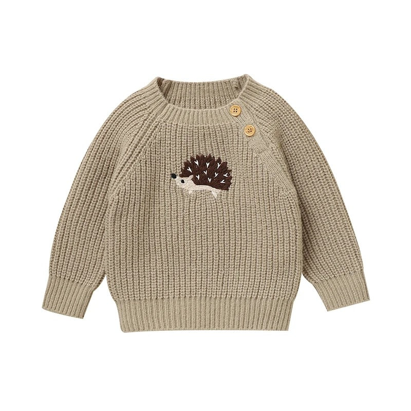Baby Strickpullover mit Igel Motiv – Unisex Baumwollpullover mit Knöpfen