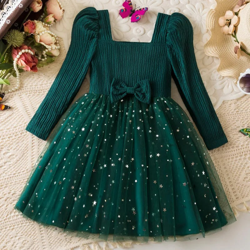 Glitzerndes Mädchenkleid mit Tüllrock – Langarmkleid mit Sternenmuster / Weihnachten & festliche Anlässe