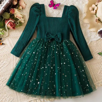 Glitzerndes Mädchenkleid mit Tüllrock – Langarmkleid mit Sternenmuster / Weihnachten & festliche Anlässe