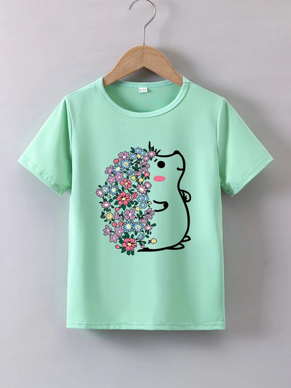 Mädchen T-Shirt mit Blumen Igel Print – Kurzarm Shirt