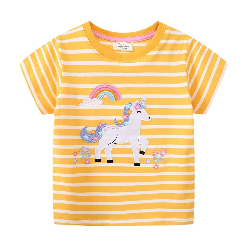 Mädchen T-Shirt mit Einhorn oder Giraffe – Kurzarm Shirt aus Baumwollmix