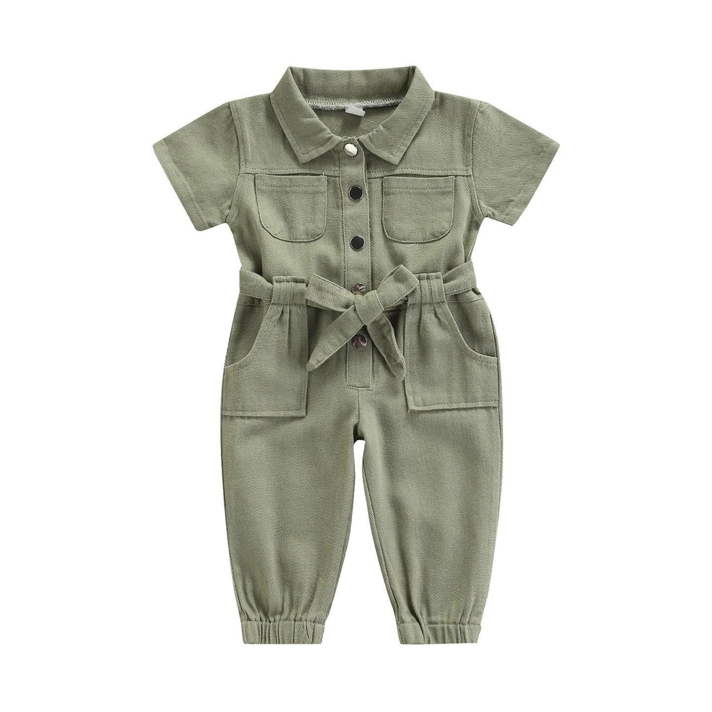 Kinder Jumpsuit mit Gürtel aus Baumwolle – Kurzarm Overall mit Knöpfen & Taschen