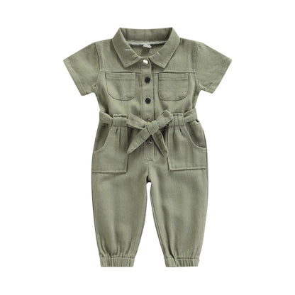 Kinder Jumpsuit mit Gürtel aus Baumwolle – Kurzarm Overall mit Knöpfen & Taschen
