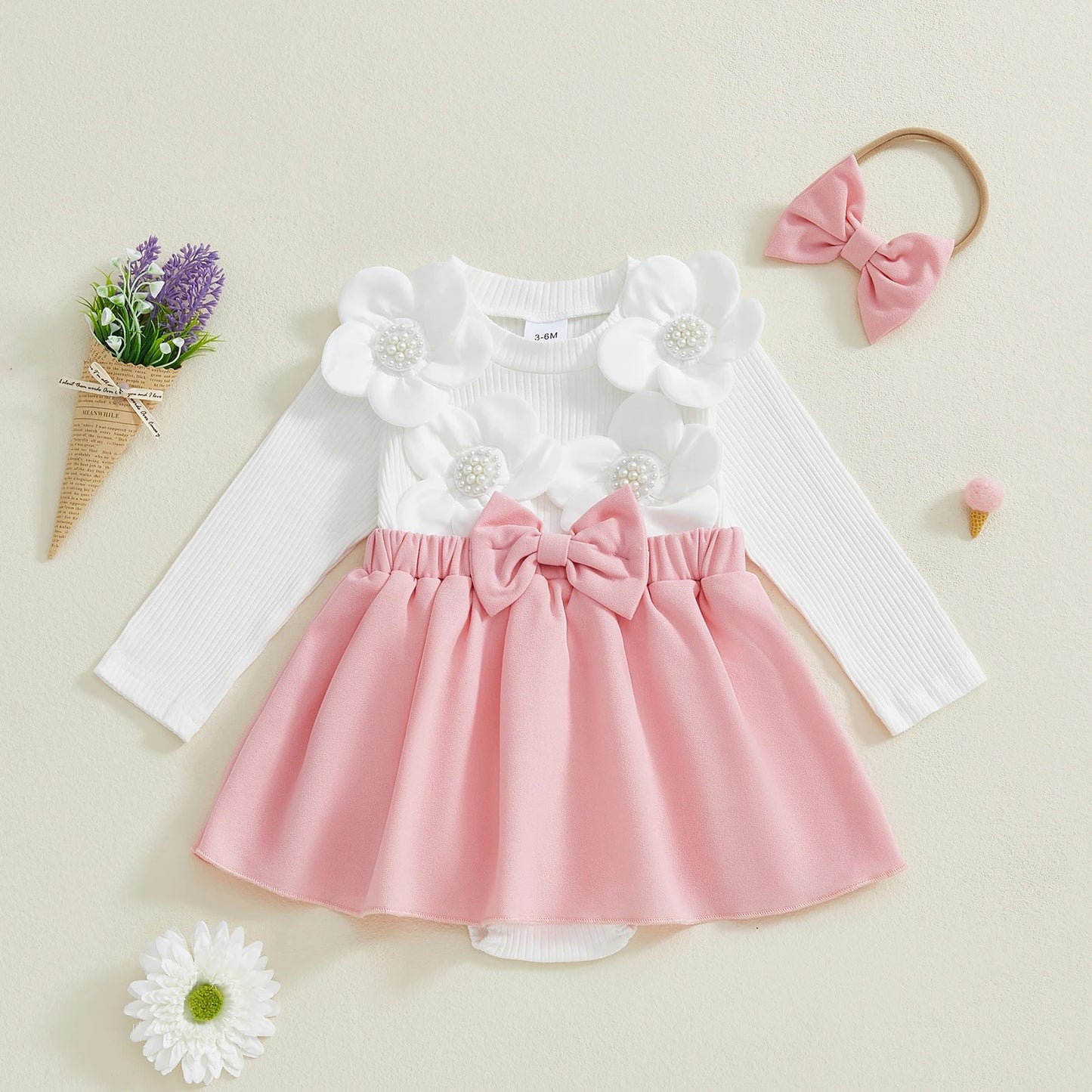 Baby Mädchen Kleid-Set mit Blüten & Schleife – 4 Designs