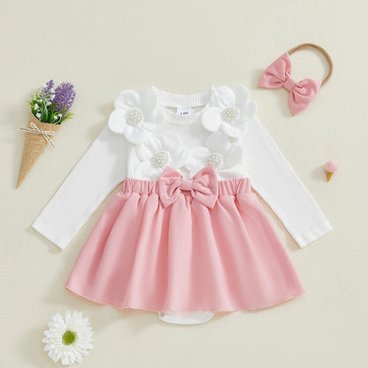 Baby Mädchen Kleid-Set mit Blüten & Schleife – 4 Designs