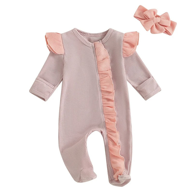 Baby Mädchen Strampler mit Rüschen & Haarband – Waffelstruktur